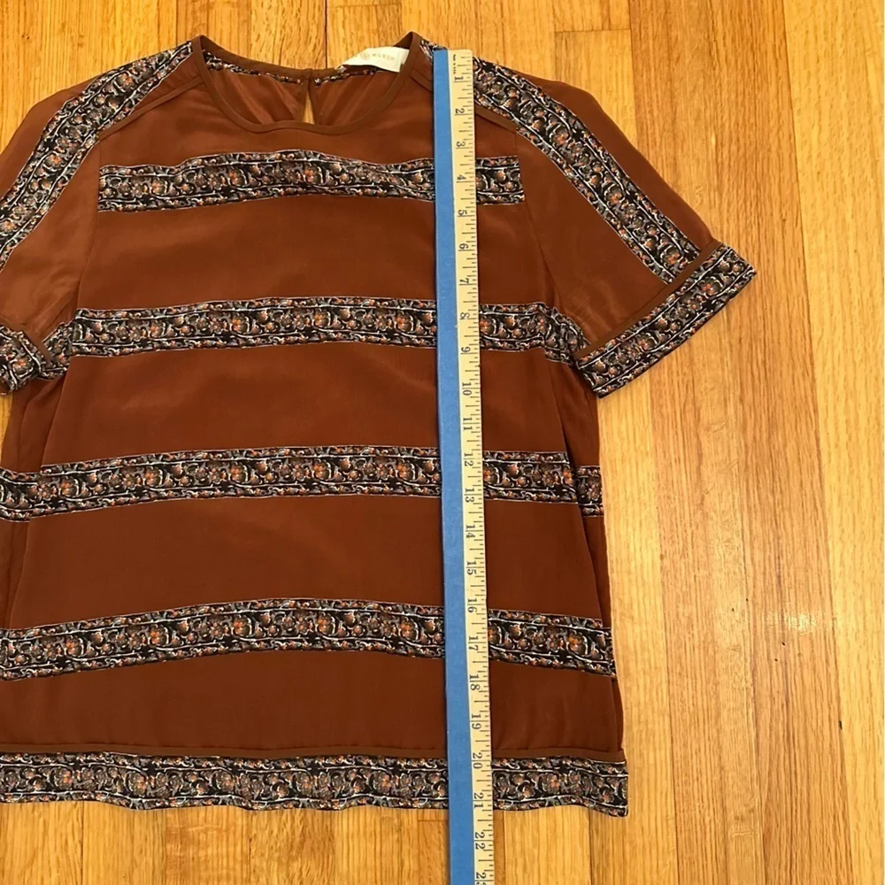 Tory Burch SILK Rust Brown Striped Floral Pattern tee Boho Size 4 (#)